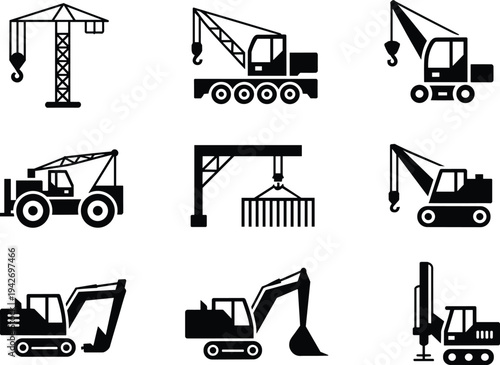 Construction crane and excavator machinery silhouette icon set including mobile crane, tower crane, crawler excavator and lifting equipment for building industry vector design