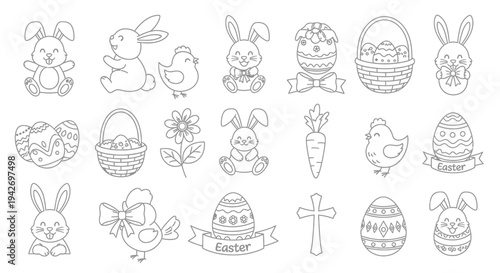 Charming black and white vector graphic set featuring various cute Easter holiday icons and symbols