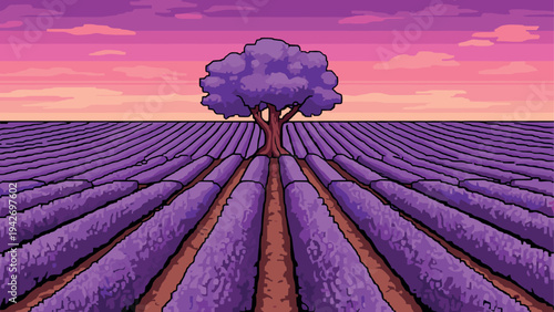 Pixel art lavender field with central tree at sunset