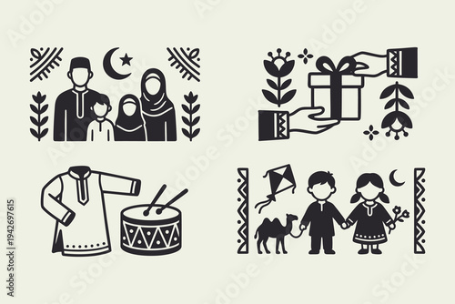 Muslim Family and Eid Al-Fitr Traditional Celebration Elements
