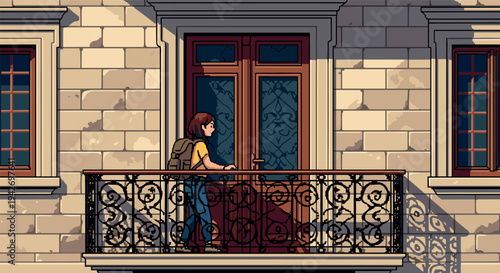 Pixel art balcony scene with person standing at door in urban setting