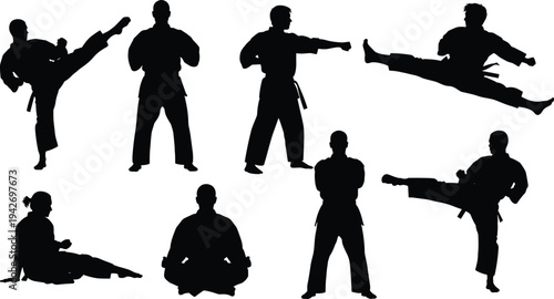 Martial arts karate silhouettes set, fighters performing kicks punches stances meditation, combat training vector illustration isolated on white background
