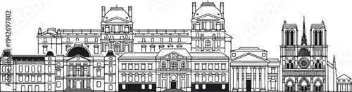 A panoramic line drawing of historic European buildings and cathedrals