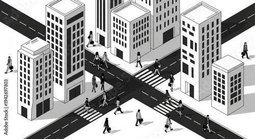 Cityscape with Pedestrians Crossing Streets in a Busy Urban Area.