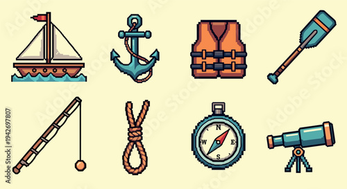 Nautical pixel art icons: sailboat, anchor, life vest, and more