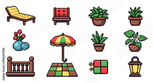 Pixel art garden icons: plants, furniture, and decor elements