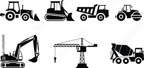 Construction machinery silhouette collection including excavator, bulldozer, tractor, dump truck, road roller, crane and cement mixer, heavy equipment vector icons for building industry