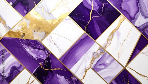 Abstract marble design in purple, white, and gold geometric pattern