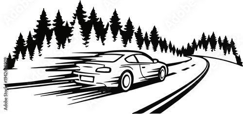 A car speeds down a winding road through a pine forest