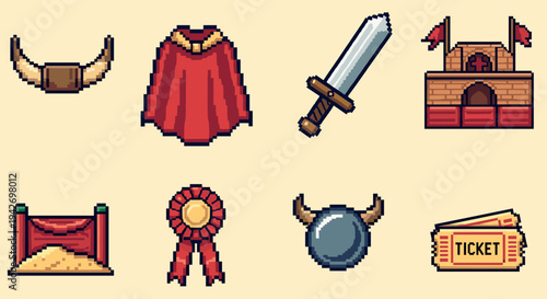 Medieval pixel icons set with sword, cloak, arena and ticket elements