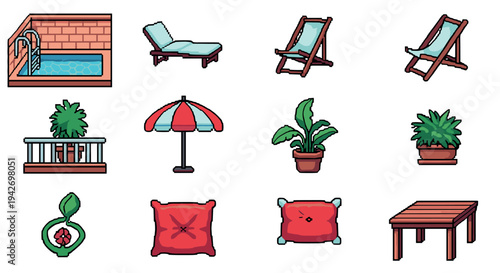Pixel art beach essentials: chairs, plants, and cushions for summer relaxation