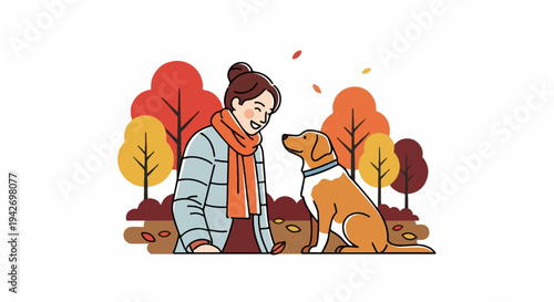 A person and a dog enjoy a beautiful autumn day amidst colorful trees