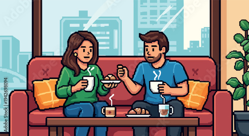 Cozy pixel art coffee time: friends chatting on a sofa in a modern urban apartment