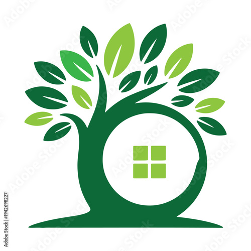 Green tree with house symbol encircled by its roots representing sustainable living.