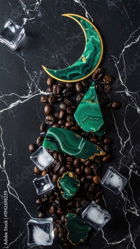 Dark marble hosts coffee beans, malachite art, ice cubes, and golden accents