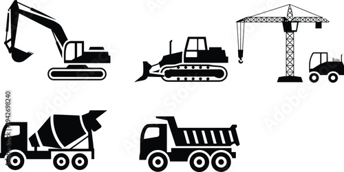 Construction machinery silhouette icons including excavator, bulldozer, tower crane, dump truck and cement mixer, heavy equipment vector set for building and engineering industry