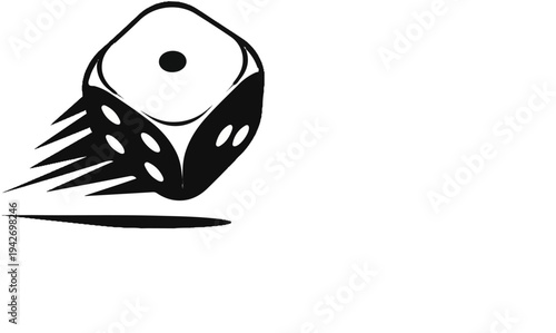 A black and white illustration of a tumbling die with streaks behind it