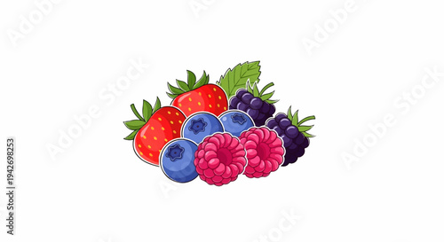 A colorful cartoon assortment of fresh strawberries, blueberries, raspberries, and blackberries