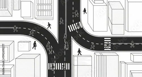Urban Intersection Illustration with Pedestrians and Cyclists Crossing Streets.