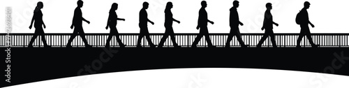 people walking on bridge silhouette, commuters crossing pedestrian bridge city lifestyle vector illustration crowd walking urban scene