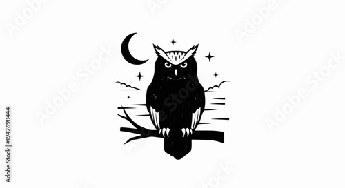 A black and white illustration of an owl perched on a branch under a crescent moon