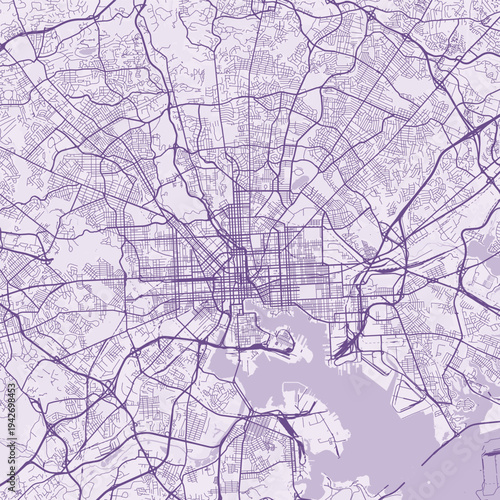 Baltimore City Map Sophisticated Geometric Urban Topography Featuring Meticulous Linework and Balanced Composition in a Timeless Minimalist Soft Lavender Blueprint Aesthetic for Art Galleries.