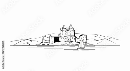 A solitary sailboat navigates calm waters before a medieval castle on a hill