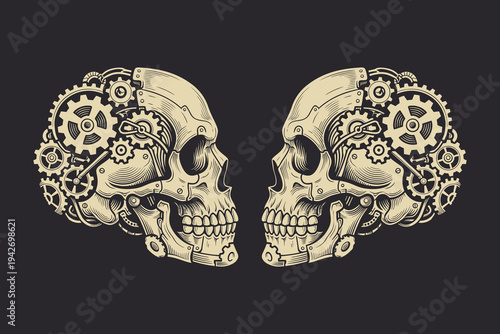 Steampunk Mechanical Skulls with Gear Brains Illustration