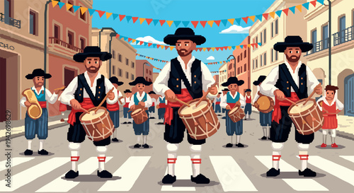 Traditional festival parade with drummers in festive costumes on a sunny street