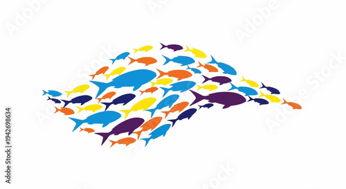 A colorful school of fish swim together in a dynamic, flowing pattern