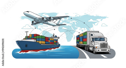 Global Logistics Transportation Cargo Ship Truck Airplane.