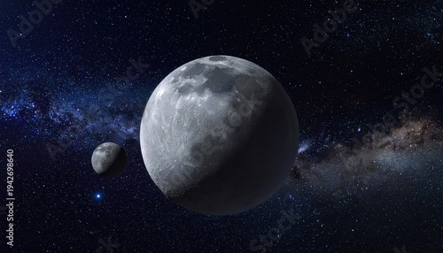 Two lunar bodies against a backdrop of stars and nebulas
