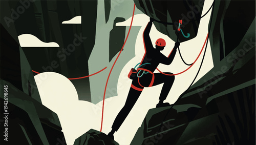 Illustration Of A Climber Climbing A Steep Rock Cliff With A Rope And Climbing Equipment Vector Design Template