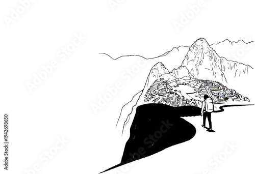 A solitary traveler approaches ancient mountain ruins on a winding path