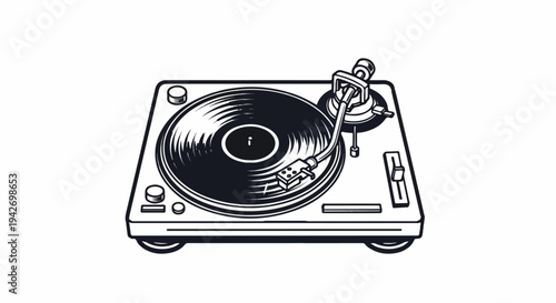 A black and white illustration of a turntable with a vinyl record playing