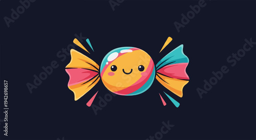A colorful, smiling candy character with striped wrappers against a dark background