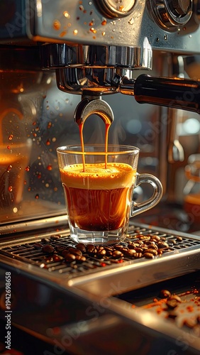 Close up of espresso machine pouring fresh coffee into a glass cup