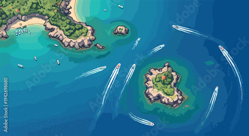 Aerial view of boats navigating around tropical islands in retro pixel art style