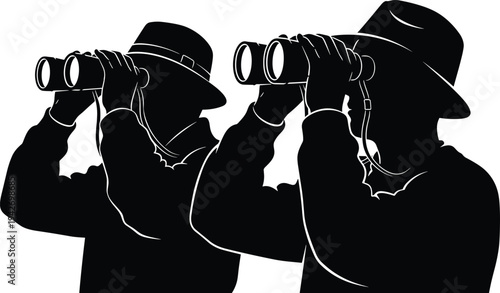 people with binoculars silhouette, explorers looking distance vector illustration scouting observation adventure search concept isolated black figures