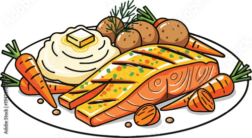 A cooked fish fillet with mashed potatoes, carrots, and potatoes
