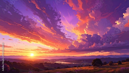 Vibrant sunset painting, vast landscape, colorful sky, serene atmosphere