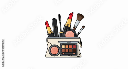 A cosmetic bag filled with makeup, including lipsticks, mascara, brushes, and eyeshadow