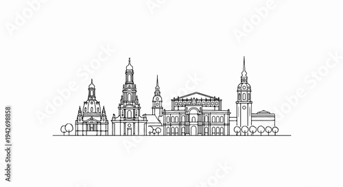 A black and white line drawing of a city skyline with ornate buildings and trees