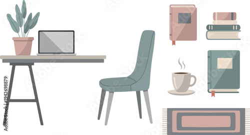 A cozy home office setup with a desk, chair, laptop, books, plant, and coffee