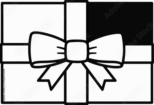 A black and white line drawing of a gift box with a large bow
