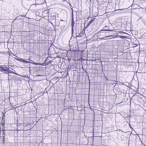 Kansas City City Map Sophisticated Geometric Urban Topography Featuring Meticulous Linework and Balanced Composition in a Timeless Minimalist Soft Lavender Blueprint Aesthetic for Lounge Decor.
