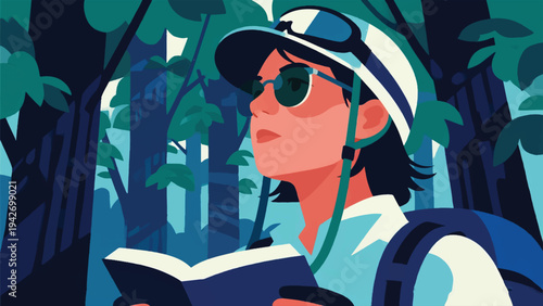 Illustration Of A Female Adventurer Standing In The Open Air Observing The Sky Vector Design Template