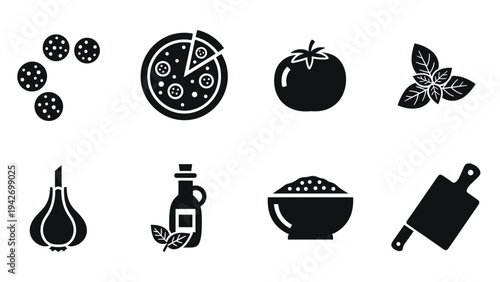 Set of flat food icons: pizza, ingredients, and cooking essentials