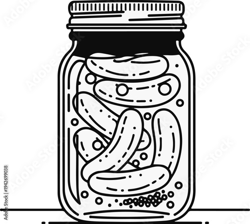 A black and white line drawing of a glass jar filled with pickles