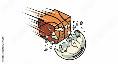 A cuboid basketball crashes, shattering a sphere on white background